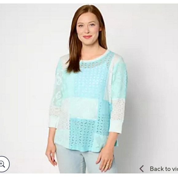 NWOT LOGO Lavish By Lori Goldstein Patchwork 3/4 Sleeve Lace Top Size 2X Ret $86 - Picture 2 of 12